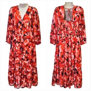 Sincerely Jules Orange/Blue Multi-Color Abstract Floral Print Midi Dress,Large